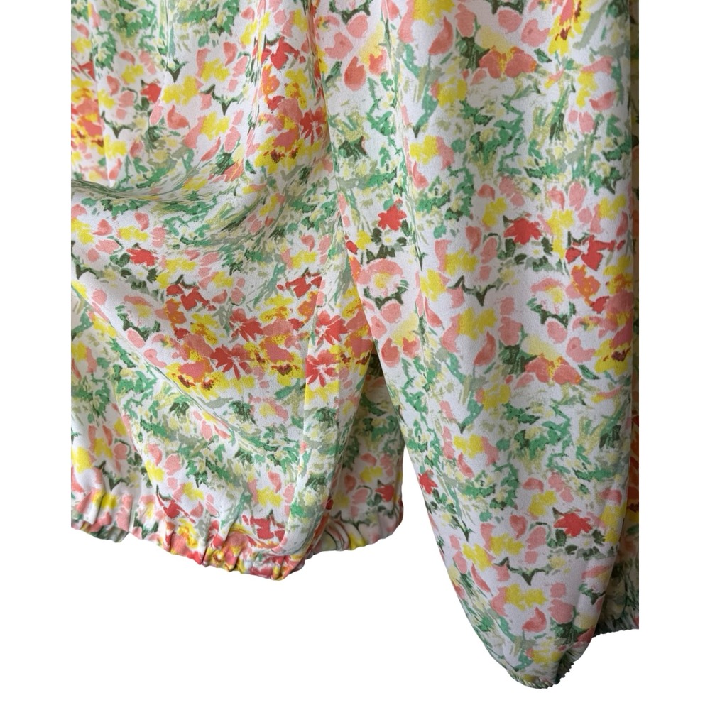 LOFT Floral Smocked High Neck Blouse XS NWT Pink Yellow Green Long Sleeve Top - Picture 6 of 6